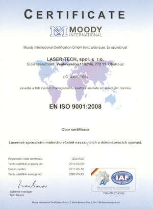 Certifikát EN ISO 9001:2008